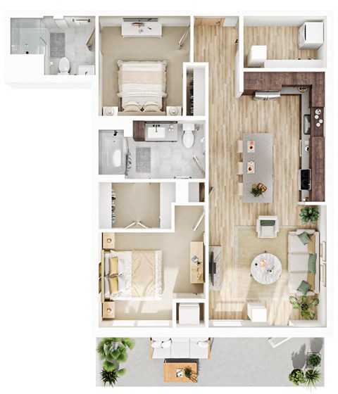 Floor plan for 2 beds, 2 baths, 1005 sqft